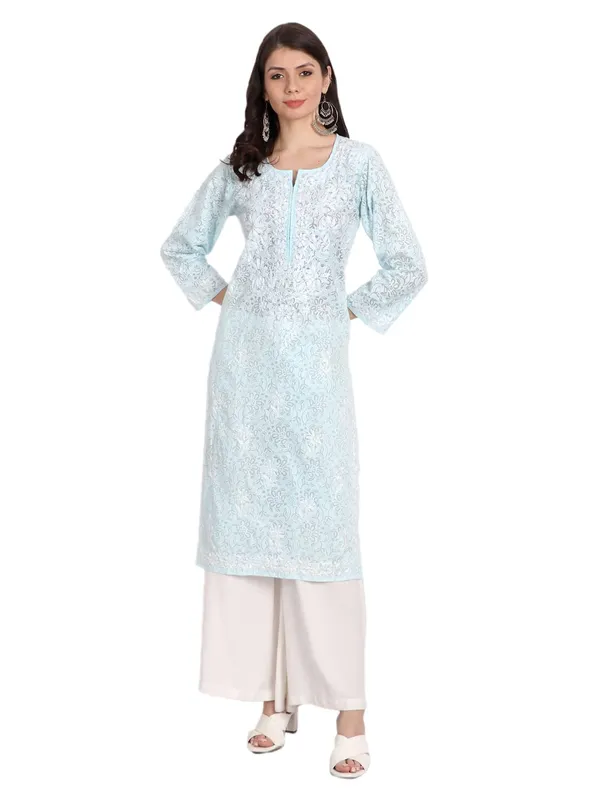 Ice_Blue_Lucknow_Chikankari_Hand_Embroidered_Kurti_Brasso_Cotton