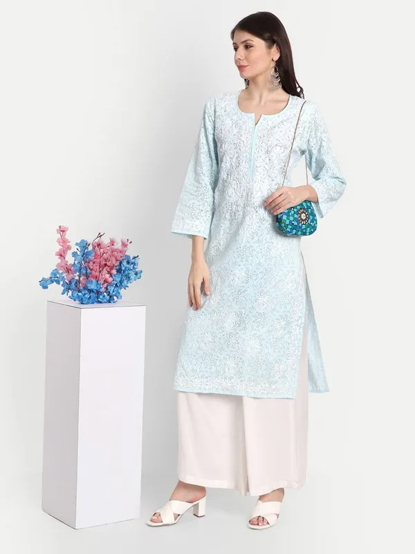 Ice_Blue_Lucknow_Chikankari_Hand_Embroidered_Kurti_Brasso_Cotton