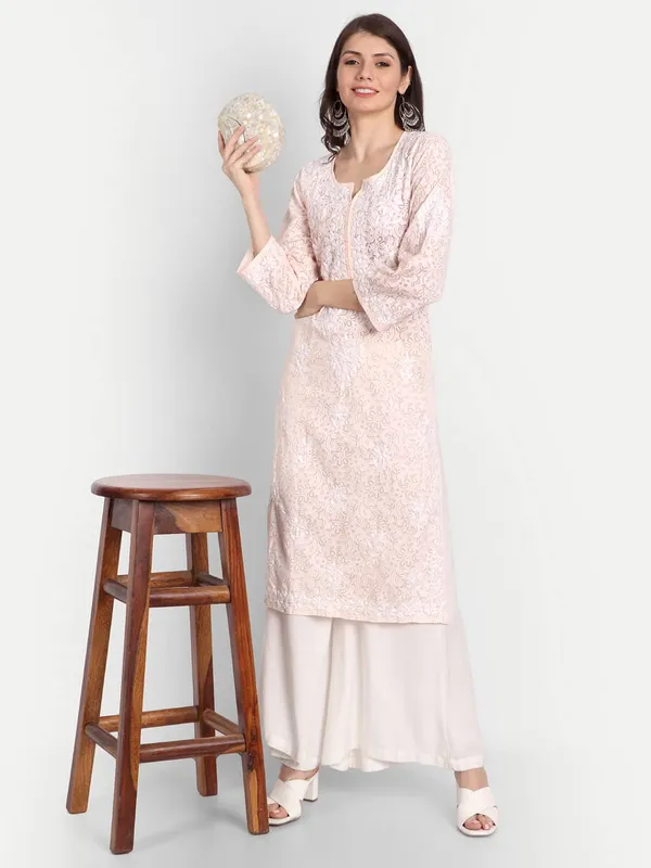 Peachpuff_Lucknow_Chikankari_Hand_Embroidered_Kurti_Brasso_Cotton