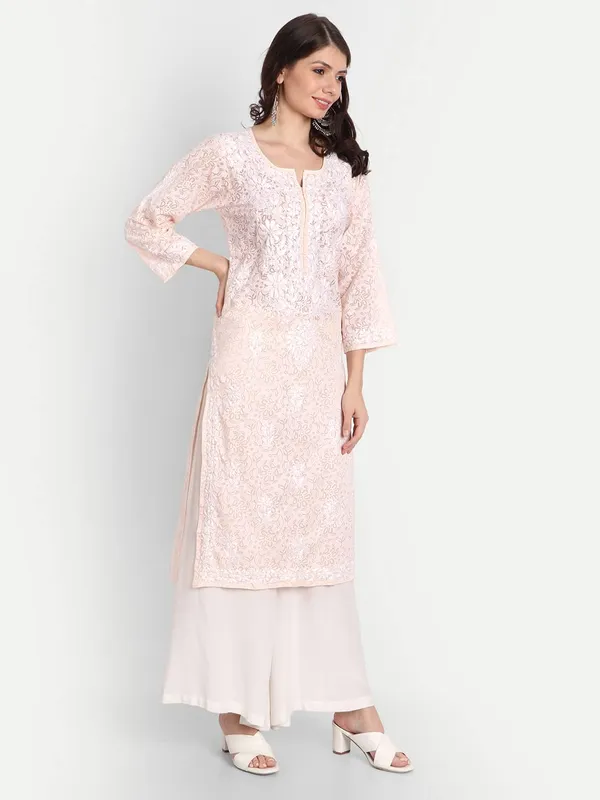 Peachpuff_Lucknow_Chikankari_Hand_Embroidered_Kurti_Brasso_Cotton