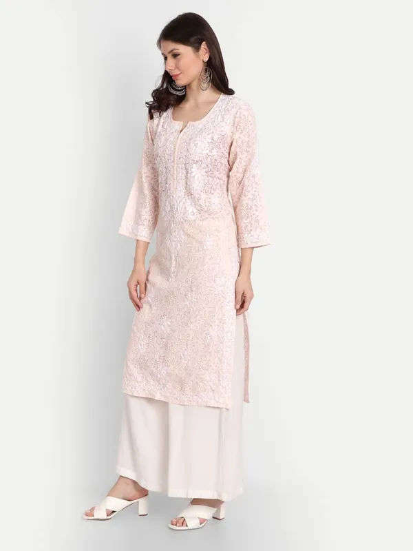 Peachpuff_Lucknow_Chikankari_Hand_Embroidered_Kurti_Brasso_Cotton