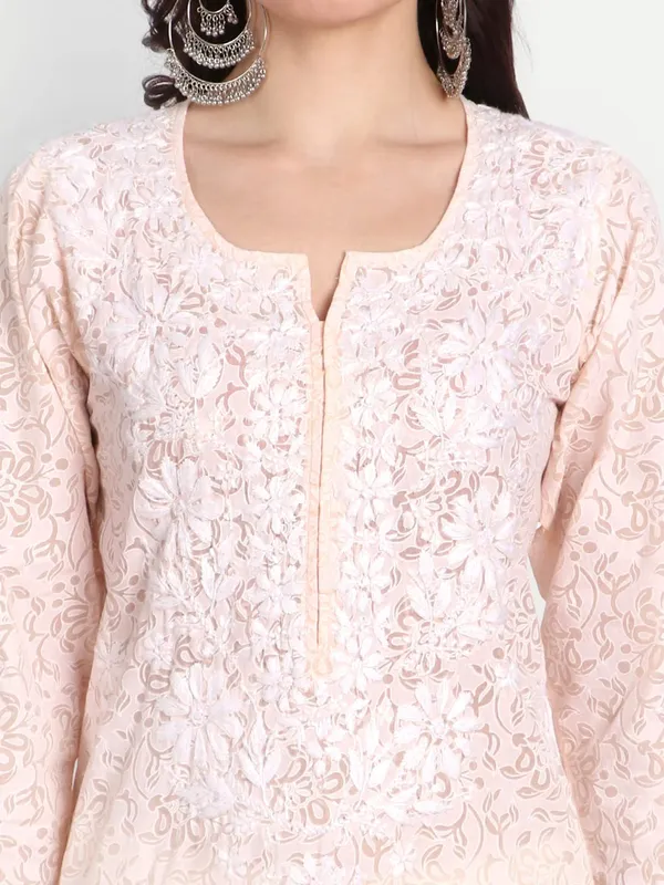 Peachpuff_Lucknow_Chikankari_Hand_Embroidered_Kurti_Brasso_Cotton