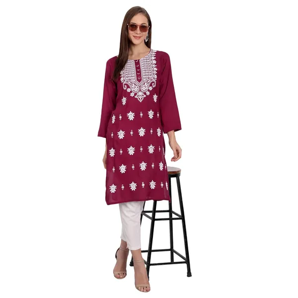 Wine_Embroidered_Long_Kurti_Rayon