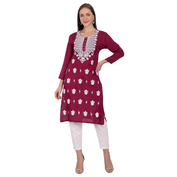 Wine_Embroidered_Long_Kurti_Rayon