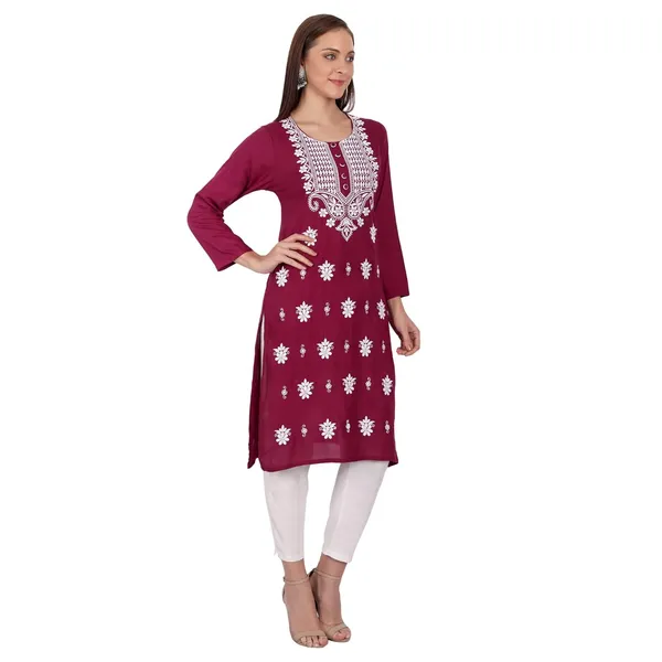 Wine_Embroidered_Long_Kurti_Rayon