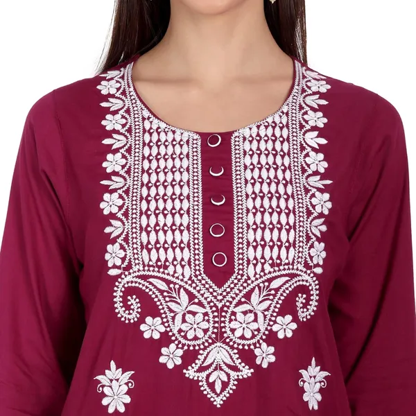 Wine_Embroidered_Long_Kurti_Rayon