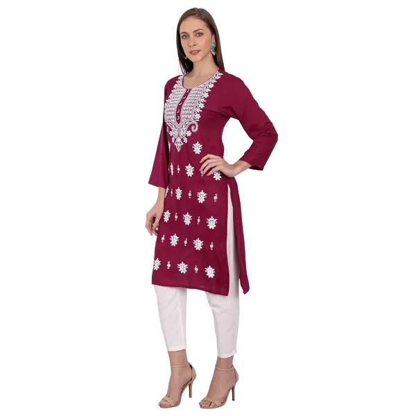 Wine_Embroidered_Long_Kurti_Rayon