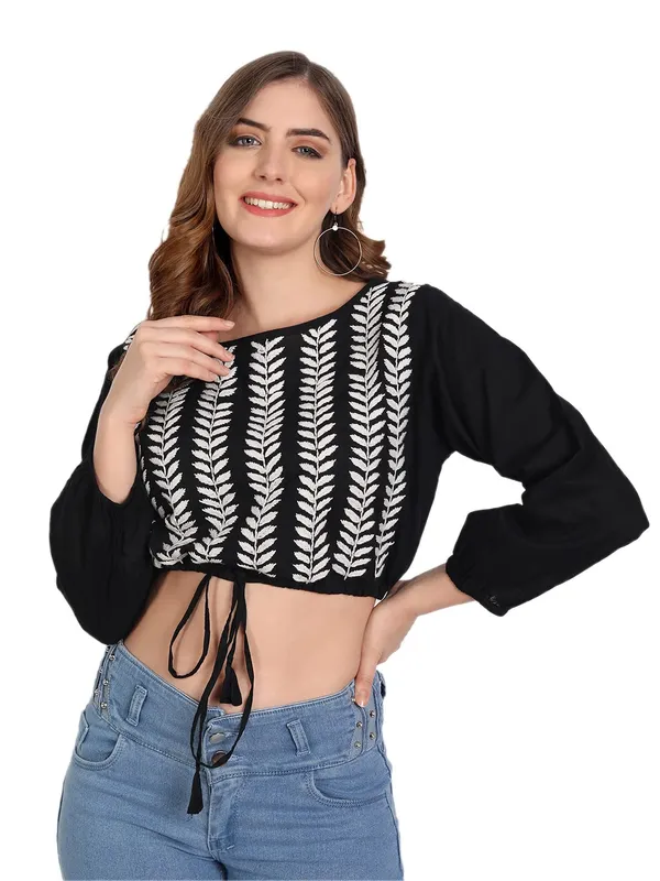 Charismatic_Black_Lucknow_Chikankari_Hand_Embroidered_Crop_Top_With_Tie_Ups_Cotton