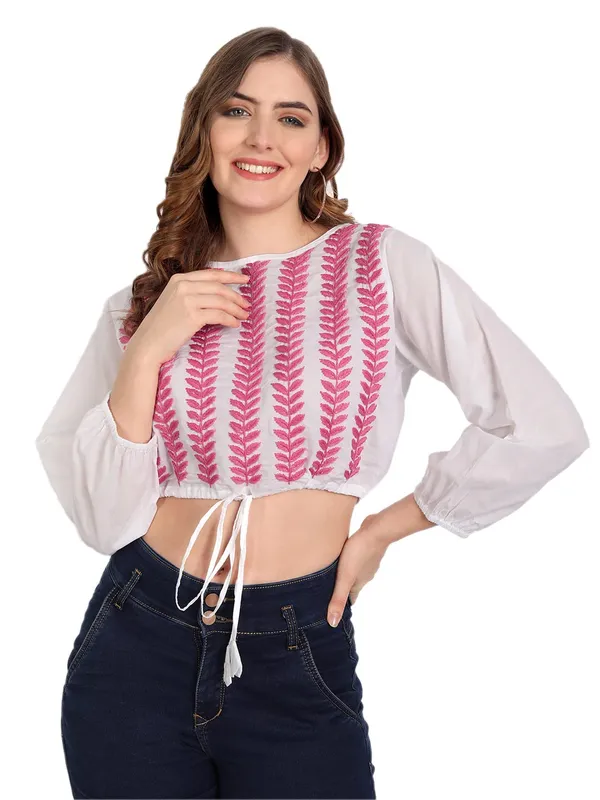 Pretty_Pink_Lucknow_Chikankari_Hand_Embroidered_Crop_Top_With_Tie_Ups_Cotton