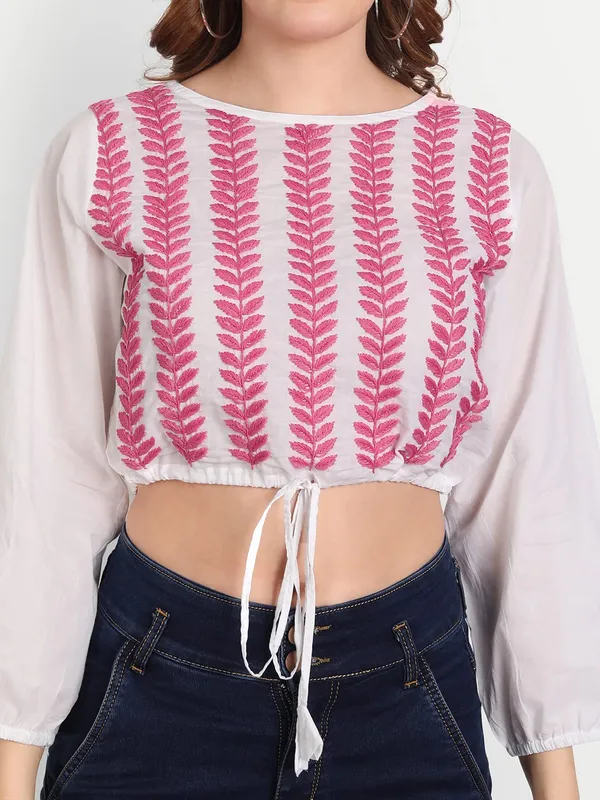 Pretty_Pink_Lucknow_Chikankari_Hand_Embroidered_Crop_Top_With_Tie_Ups_Cotton