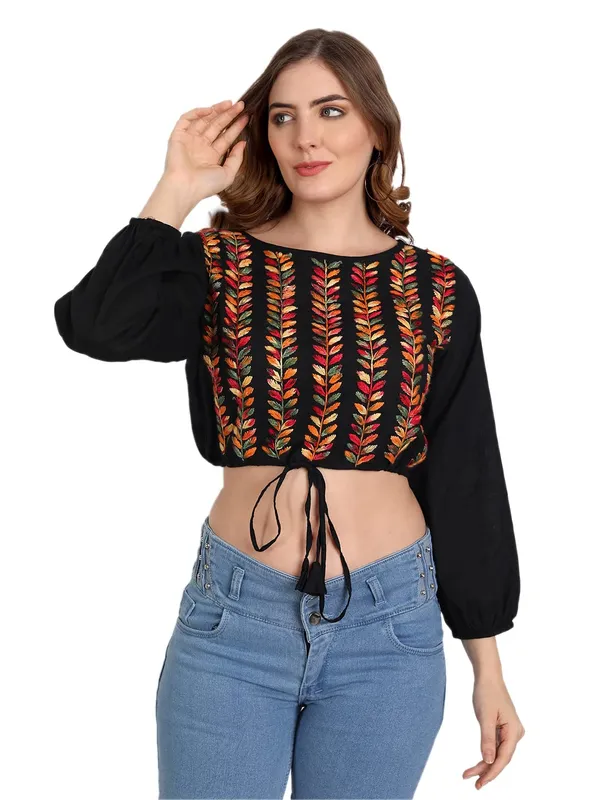 Multi_Black_Lucknow_Chikankari_Hand_Embroidered_Crop_Top_With_Tie_Ups_Cotton