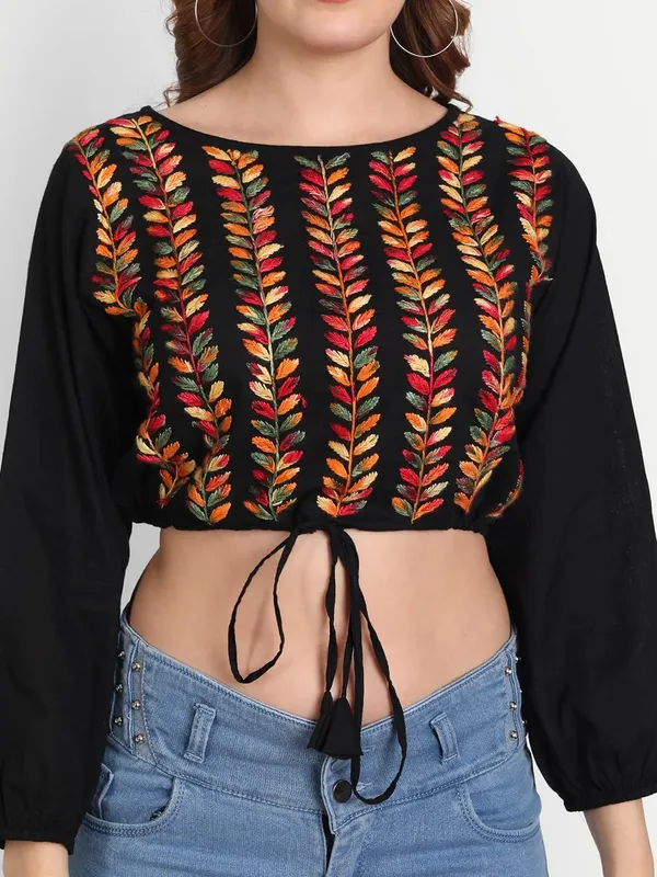 Multi_Black_Lucknow_Chikankari_Hand_Embroidered_Crop_Top_With_Tie_Ups_Cotton