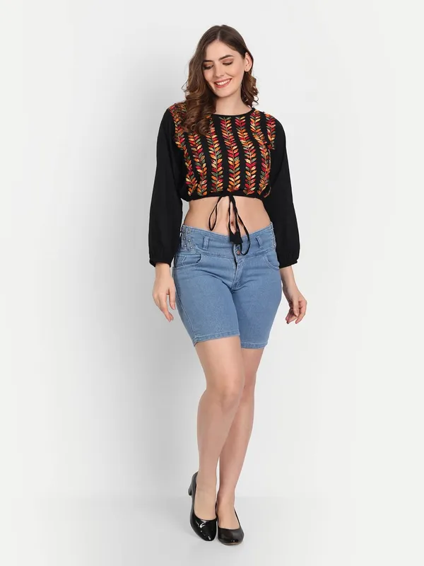 Multi_Black_Lucknow_Chikankari_Hand_Embroidered_Crop_Top_With_Tie_Ups_Cotton
