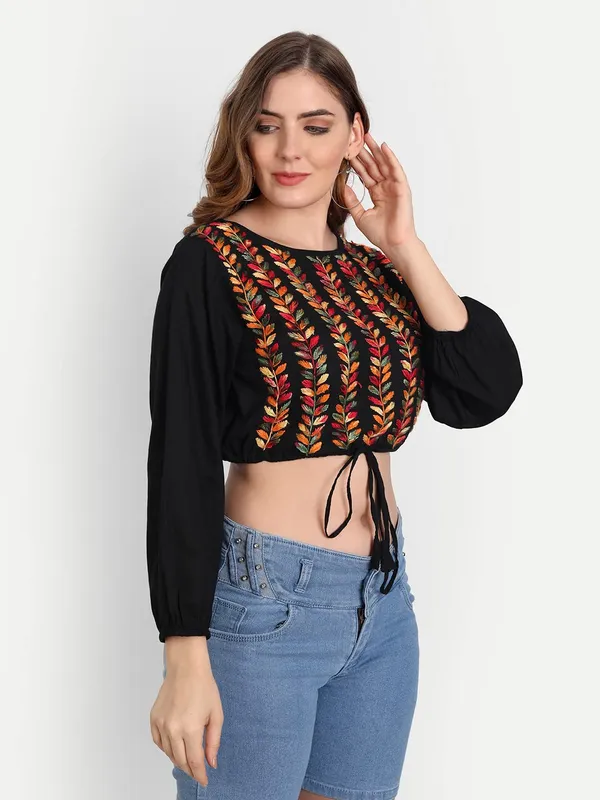 Multi_Black_Lucknow_Chikankari_Hand_Embroidered_Crop_Top_With_Tie_Ups_Cotton