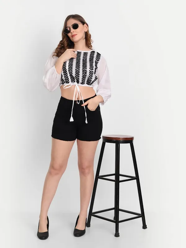 White_&_Black_Lucknow_Chikankari_Hand_Embroidered_Crop_Top_With_Tie_Ups_Cotton