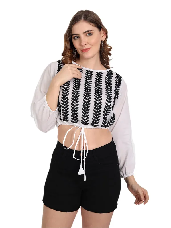 White_&_Black_Lucknow_Chikankari_Hand_Embroidered_Crop_Top_With_Tie_Ups_Cotton