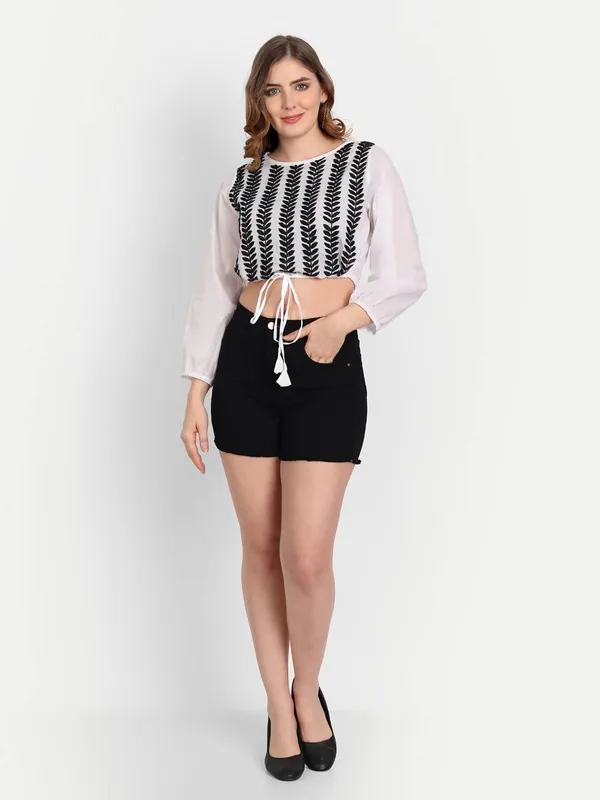 White_&_Black_Lucknow_Chikankari_Hand_Embroidered_Crop_Top_With_Tie_Ups_Cotton
