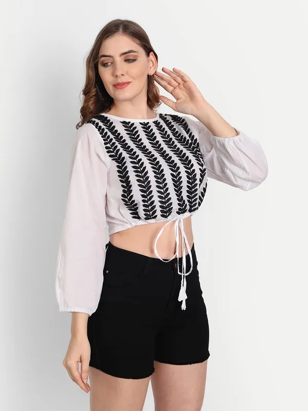 White_&_Black_Lucknow_Chikankari_Hand_Embroidered_Crop_Top_With_Tie_Ups_Cotton