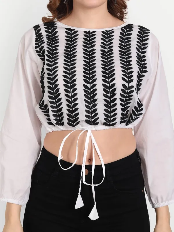 White_&_Black_Lucknow_Chikankari_Hand_Embroidered_Crop_Top_With_Tie_Ups_Cotton
