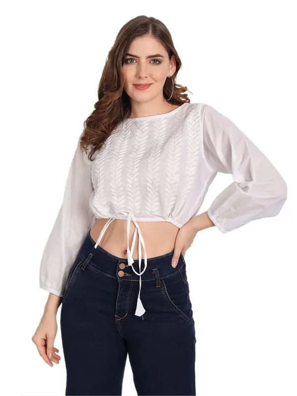 Pristine_White_Lucknow_Chikankari_Hand_Embroidered_Crop_Top_With_Tie_Ups_Cotton