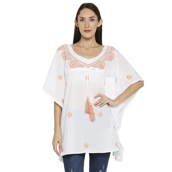 Peach_Lucknow_Chikankari_Hand_Embroidered_Kaftan_Top_Short_Kurti_Cotton