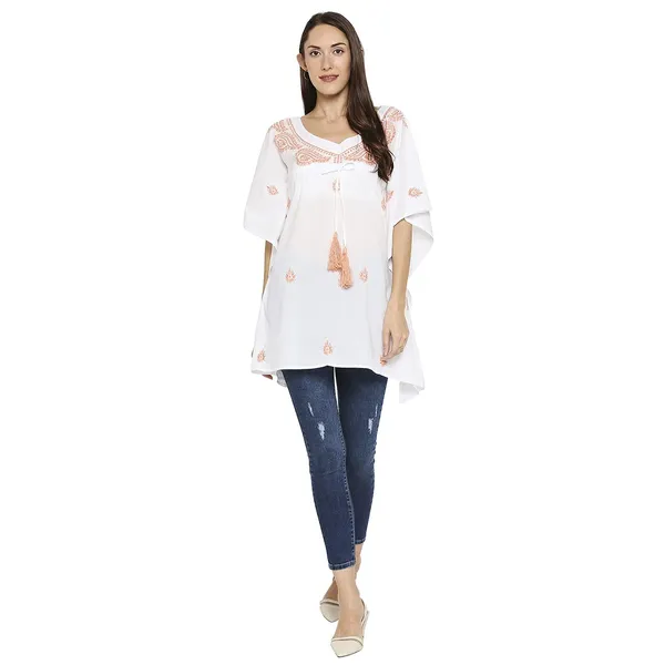 Peach_Lucknow_Chikankari_Hand_Embroidered_Kaftan_Top_Short_Kurti_Cotton