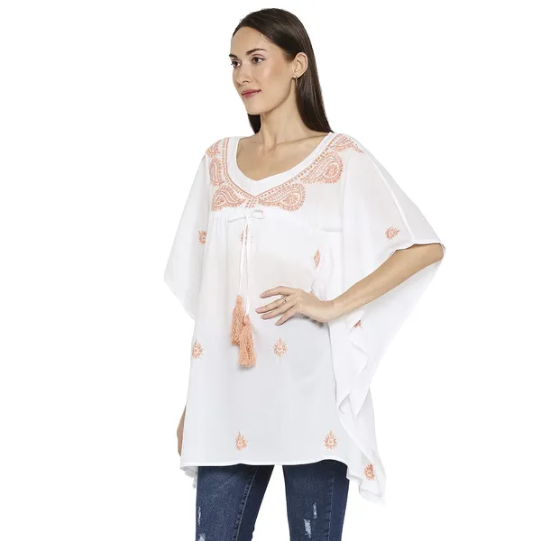 Peach_Lucknow_Chikankari_Hand_Embroidered_Kaftan_Top_Short_Kurti_Cotton