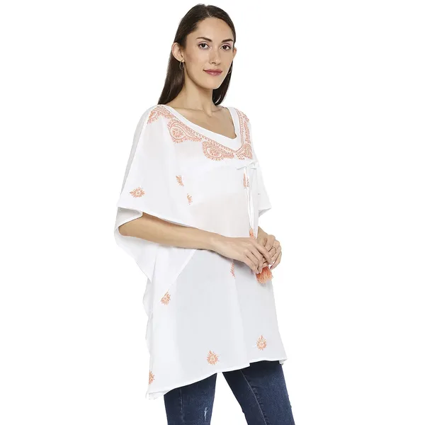 Peach_Lucknow_Chikankari_Hand_Embroidered_Kaftan_Top_Short_Kurti_Cotton