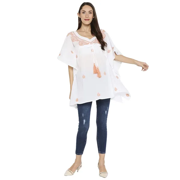 Peach_Lucknow_Chikankari_Hand_Embroidered_Kaftan_Top_Short_Kurti_Cotton
