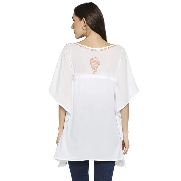 Peach_Lucknow_Chikankari_Hand_Embroidered_Kaftan_Top_Short_Kurti_Cotton