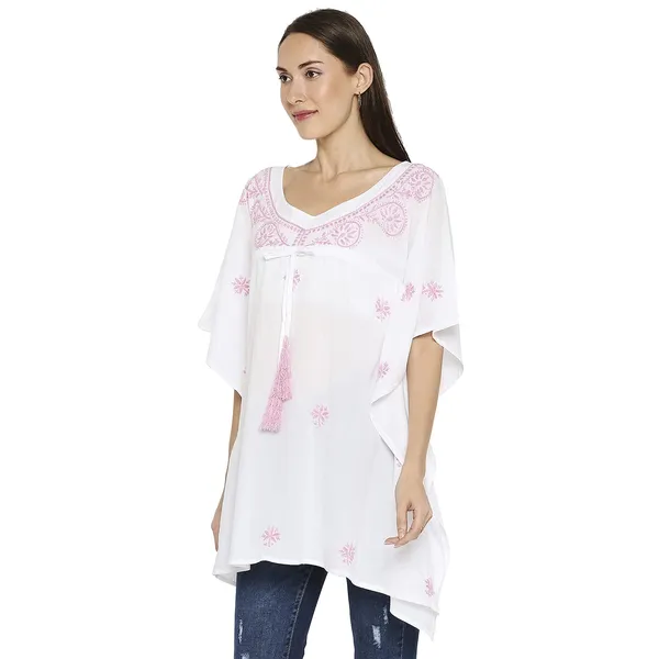 Pink_Lucknow_Chikankari_Hand_Embroidered_Kaftan_Top_Short_Kurti_Cotton