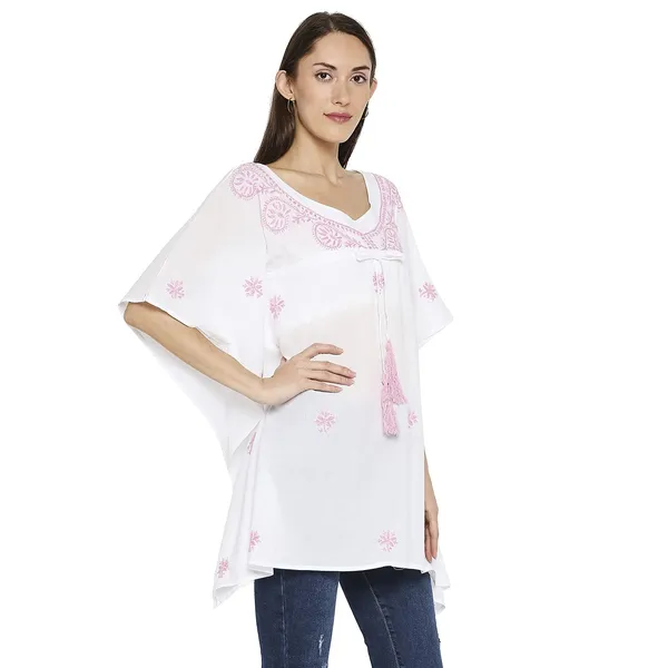 Pink_Lucknow_Chikankari_Hand_Embroidered_Kaftan_Top_Short_Kurti_Cotton