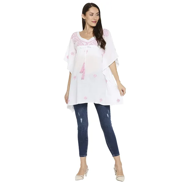 Pink_Lucknow_Chikankari_Hand_Embroidered_Kaftan_Top_Short_Kurti_Cotton
