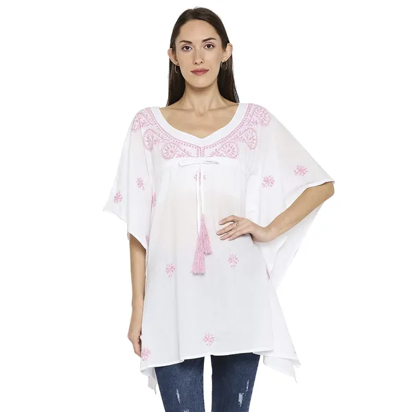 Pink_Lucknow_Chikankari_Hand_Embroidered_Kaftan_Top_Short_Kurti_Cotton