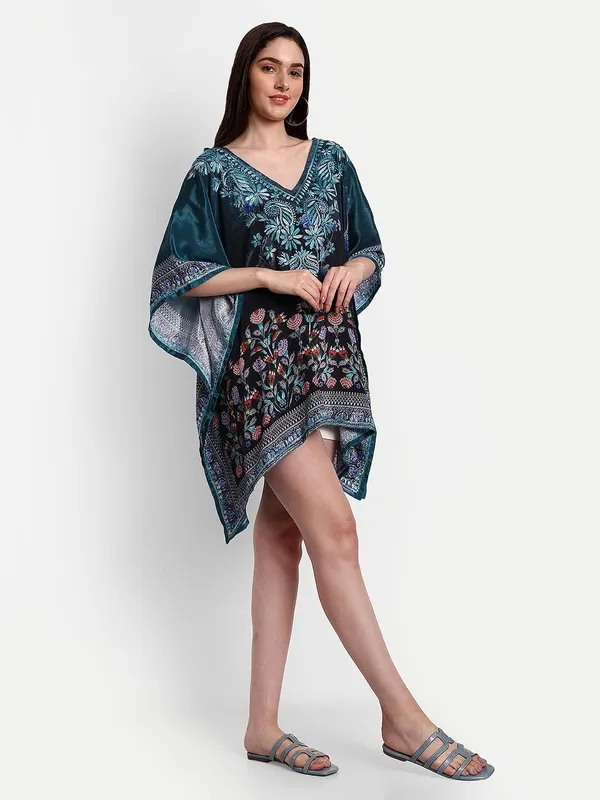 Turquoise_Blue_Chikankari_Hand_Embroidered_Tops_Short_Kurti_Blouse_Poly_Silk