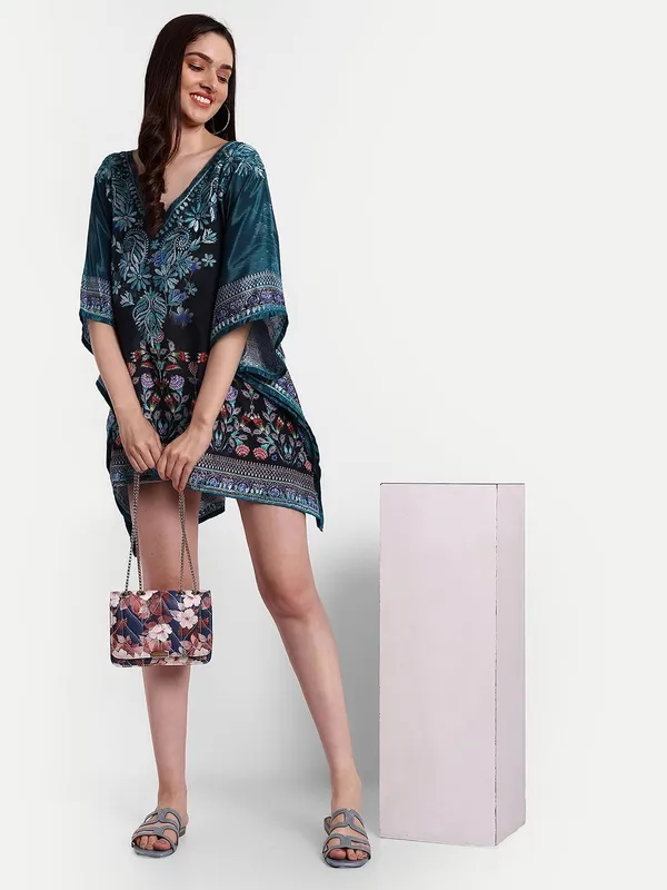Turquoise_Blue_Chikankari_Hand_Embroidered_Tops_Short_Kurti_Blouse_Poly_Silk