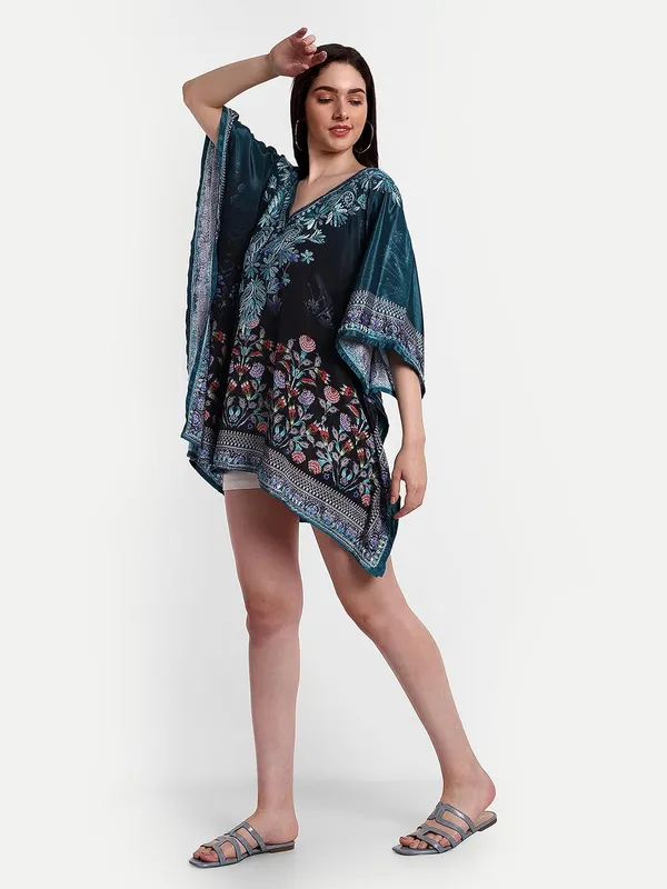 Turquoise_Blue_Chikankari_Hand_Embroidered_Tops_Short_Kurti_Blouse_Poly_Silk