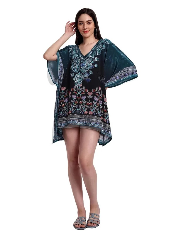 Turquoise_Blue_Chikankari_Hand_Embroidered_Tops_Short_Kurti_Blouse_Poly_Silk