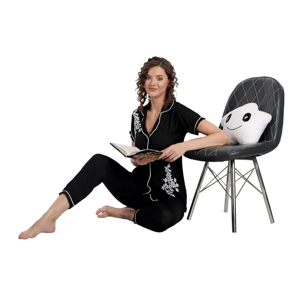Charismatic_Black_Chikankari_Hand_Embroidered_Women_Night_Suit_Lounge_Wear_Rayon