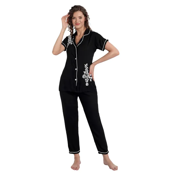 Charismatic_Black_Chikankari_Hand_Embroidered_Women_Night_Suit_Lounge_Wear_Rayon