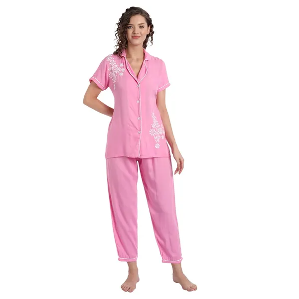 Hot_Pink_Chikankari_Hand_Embroidered_Women_Night_Suit_Lounge_Wear_Rayon