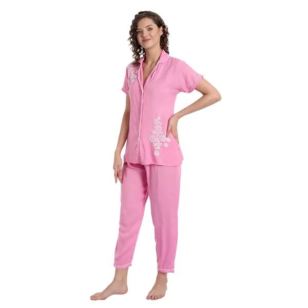 Hot_Pink_Chikankari_Hand_Embroidered_Women_Night_Suit_Lounge_Wear_Rayon