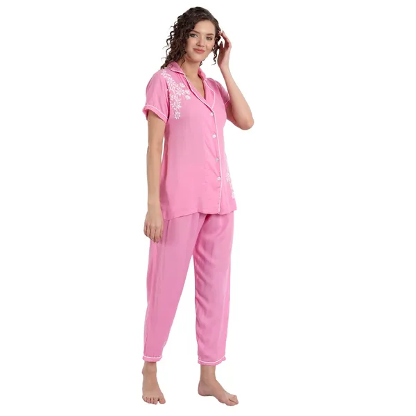 Hot_Pink_Chikankari_Hand_Embroidered_Women_Night_Suit_Lounge_Wear_Rayon