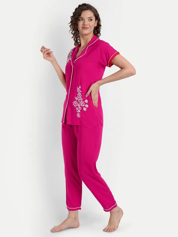 Fuchsia_Pink_Chikankari_Hand_Embroidered_Women_Night_Suit_Lounge_Wear_Rayon