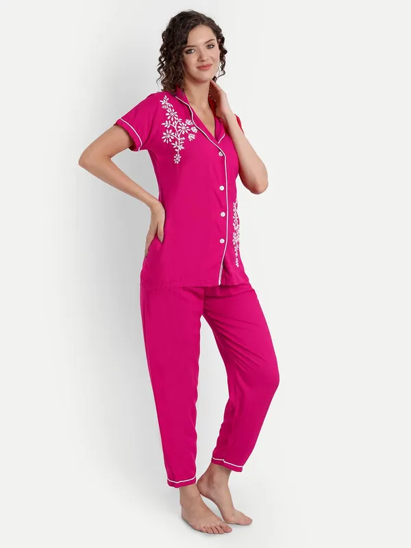 Fuchsia_Pink_Chikankari_Hand_Embroidered_Women_Night_Suit_Lounge_Wear_Rayon