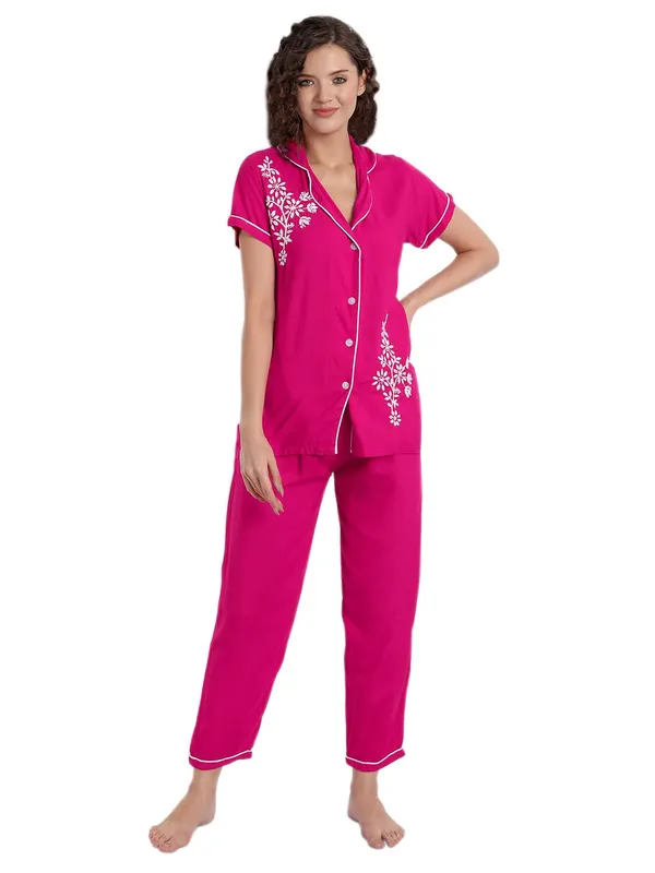 Fuchsia_Pink_Chikankari_Hand_Embroidered_Women_Night_Suit_Lounge_Wear_Rayon