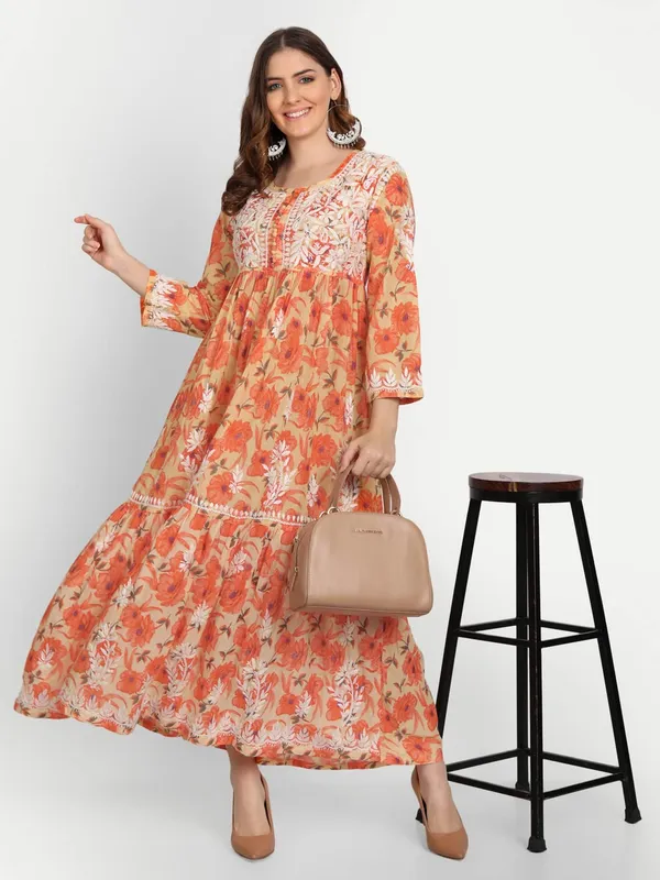 Apricot_Orange_Lucknow_Chikankari_Hand_Embroidered_Tiered_Long_Kurta_Gown_Mulmul_Cotton_Apricot