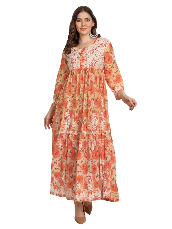 Apricot_Orange_Lucknow_Chikankari_Hand_Embroidered_Tiered_Long_Kurta_Gown_Mulmul_Cotton_Apricot