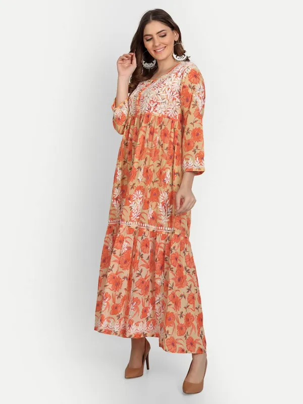 Apricot_Orange_Lucknow_Chikankari_Hand_Embroidered_Tiered_Long_Kurta_Gown_Mulmul_Cotton_Apricot