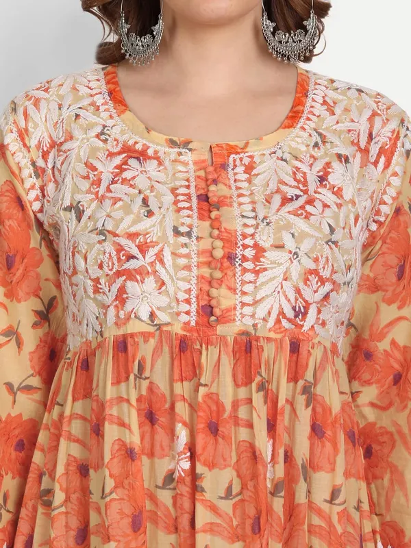 Apricot_Orange_Lucknow_Chikankari_Hand_Embroidered_Tiered_Long_Kurta_Gown_Mulmul_Cotton_Apricot